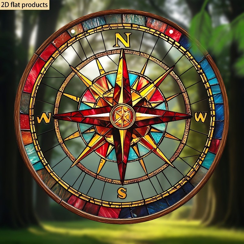 8*8in Compass Stained Glass Style Sun Catcher Home Decor
