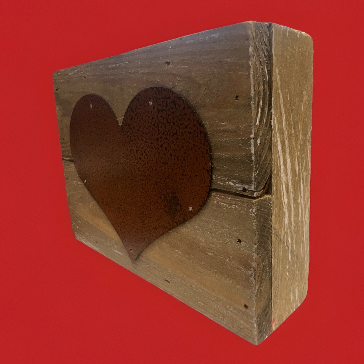 Rustic Distressed Wood Wall Plaque w/ Metal Heart 3D Brown Rectangle Horizontal