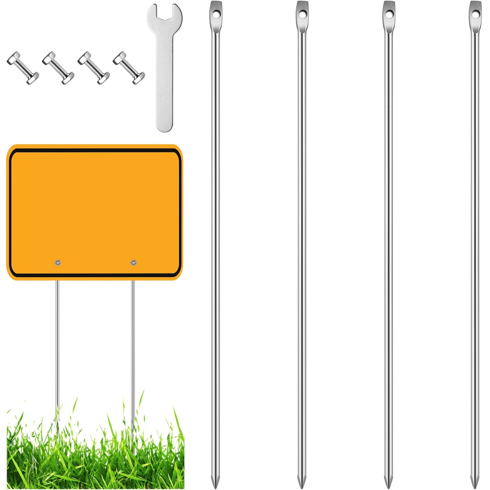 4 PCS Metal Yard Sign Stakes Ground Lawn Support 12″ Long 0.3″ Thick Wrench