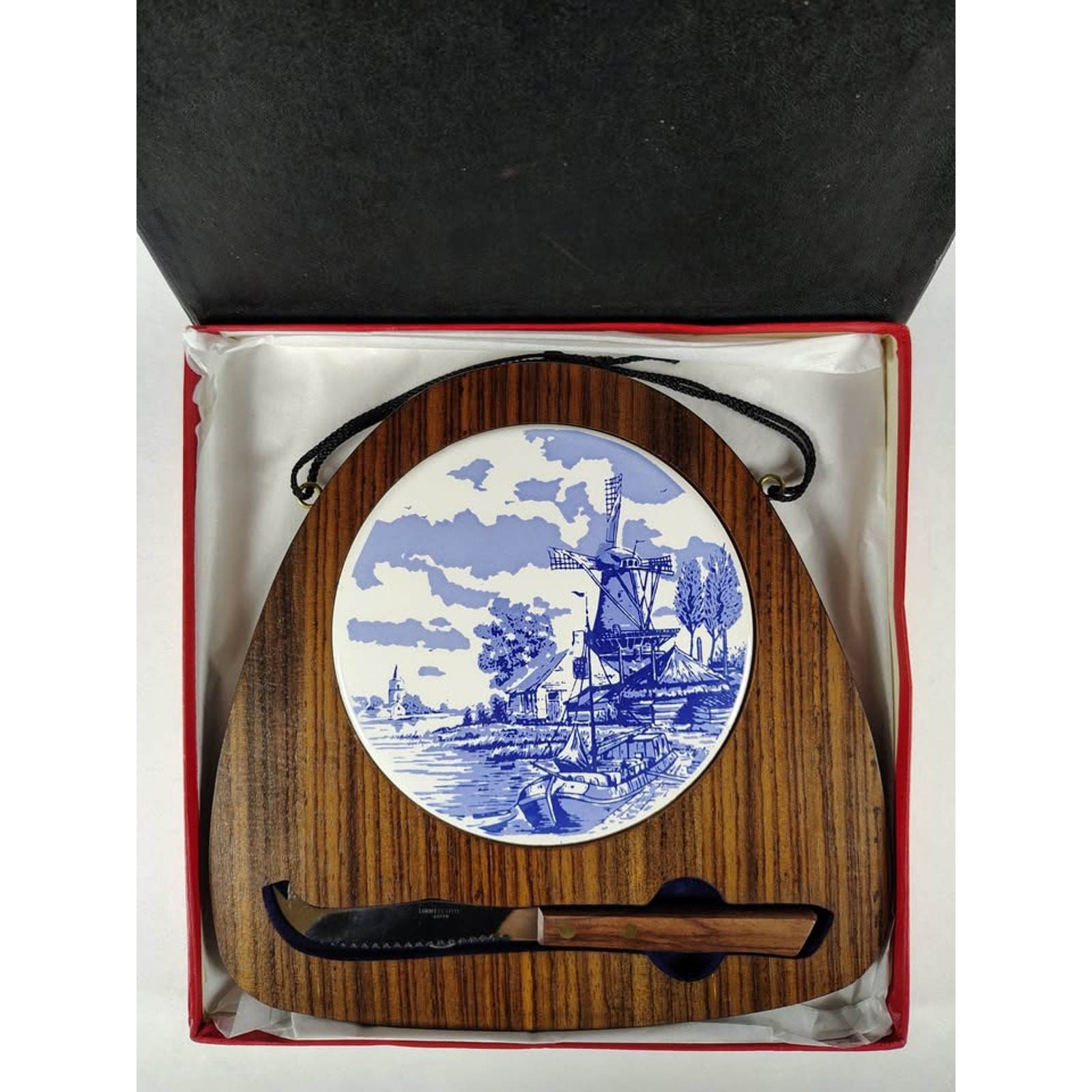 Vintage Delft Blue Ceramic And Wood Cheese Board With Knife
