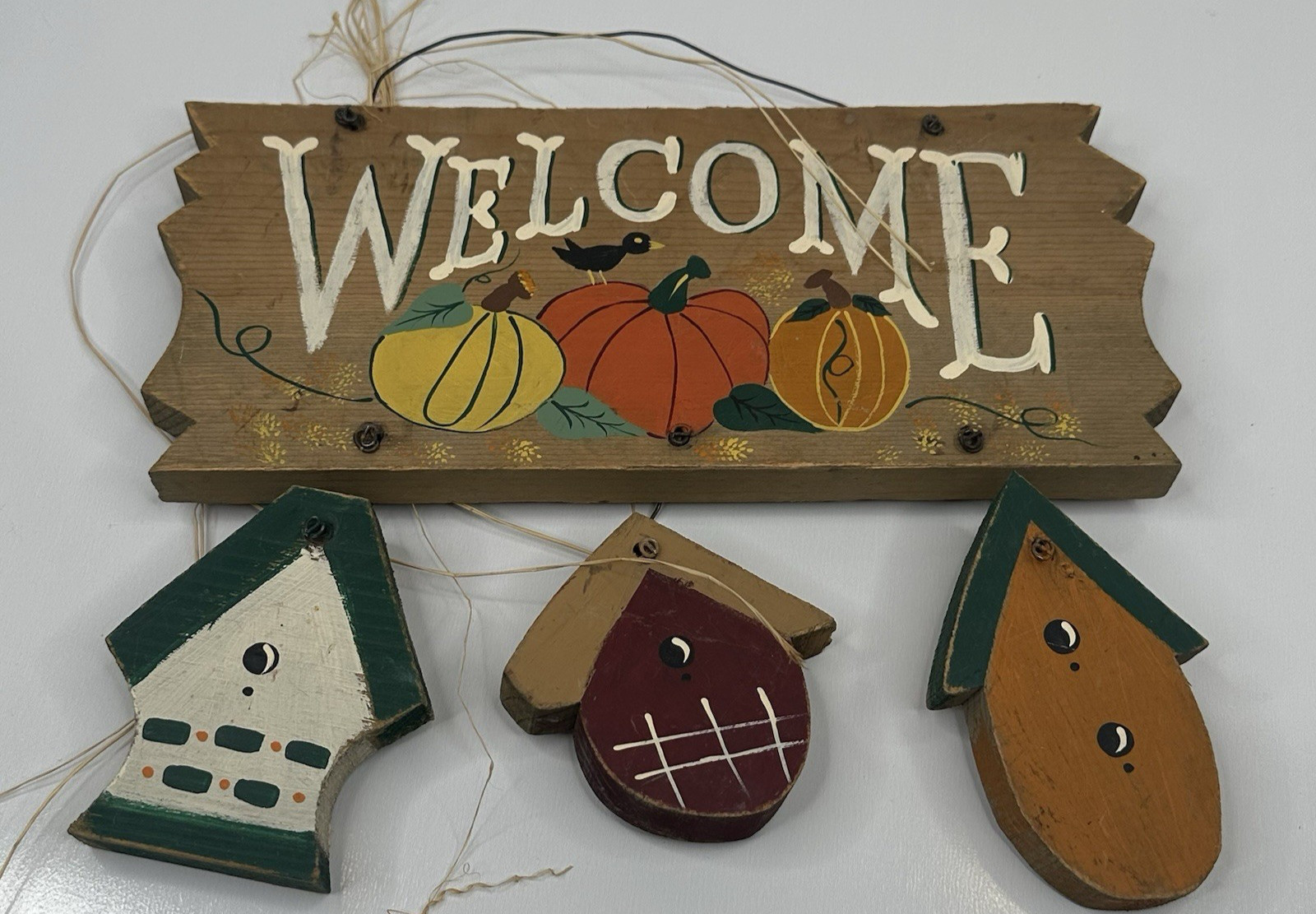 Vtg. Welcome Sign Wooden Fall Autumn Handmade Mexico Signed 1997 90s Decor