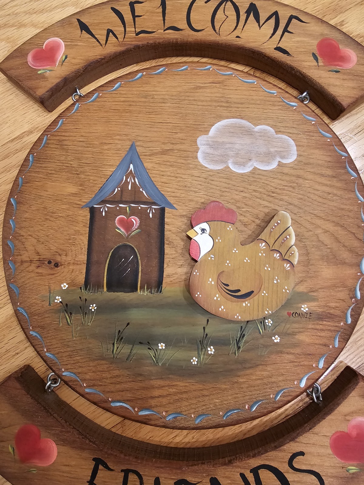 Vintage Welcome Friends Decorative Wooden Wall Sign Handmade Hen Hearts 15.5″