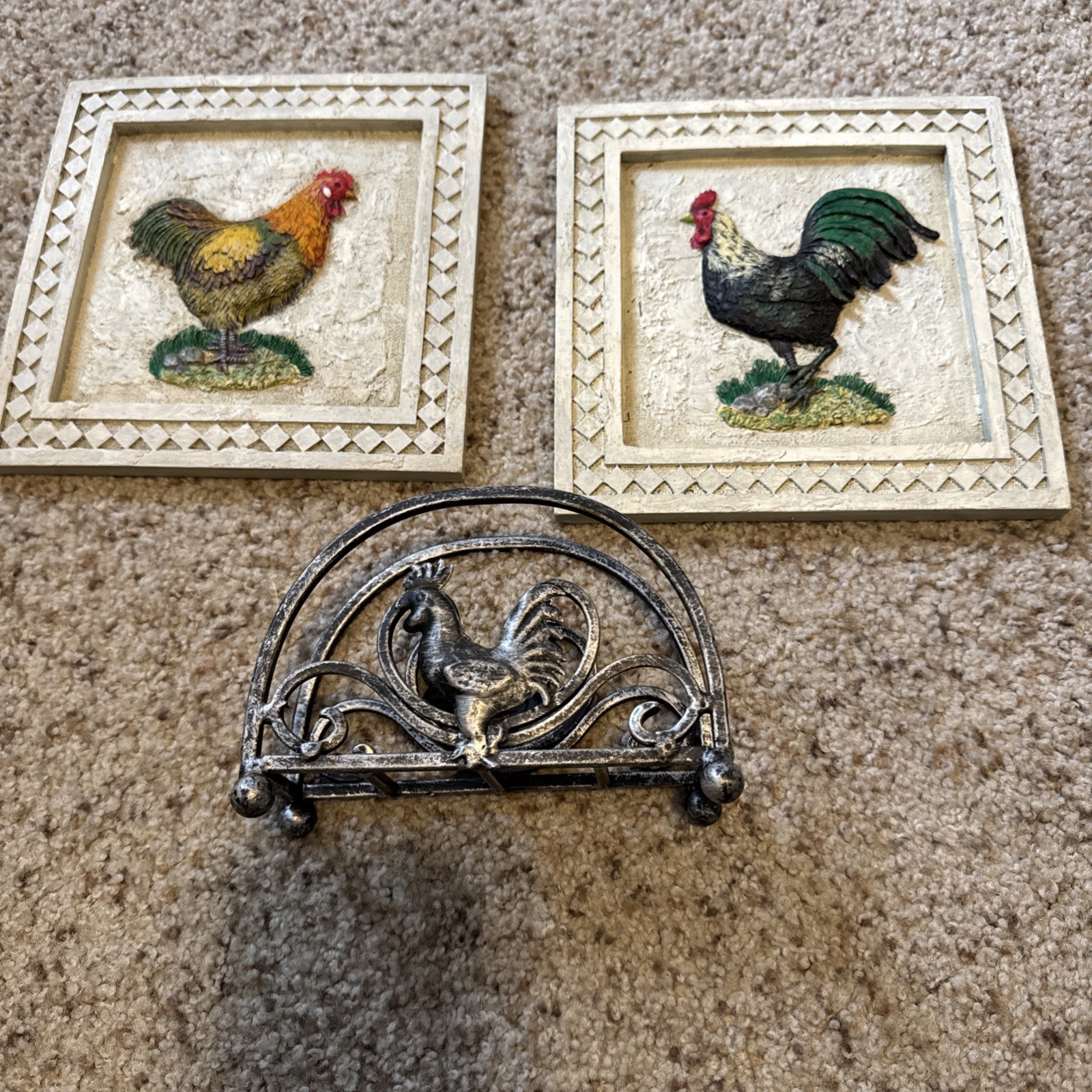 Lot Of 3 Rooster Decorations. Metal Napkin Holder, 2 Resin Wall Hangings