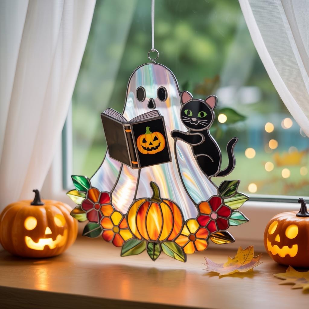 Ghost and Black Cat Acrylic Suncatcher, Halloween Pumpkin Window Hanging, Floral