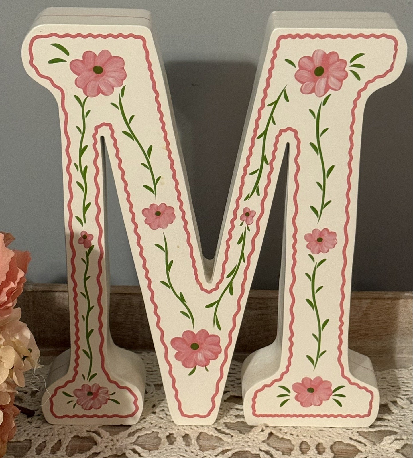 Large Monogram Letter Initial M Pressed Wood White with Pink Painted Flowers 13”