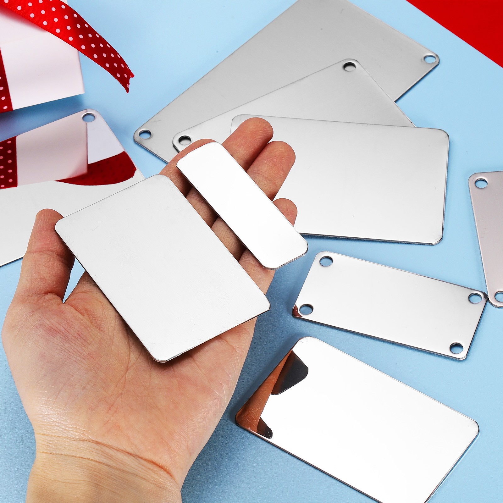 6Pcs Blank Name Plates, 4.3 x 2.8″ Mirror Engraved Plate with 4 Holes, Silver