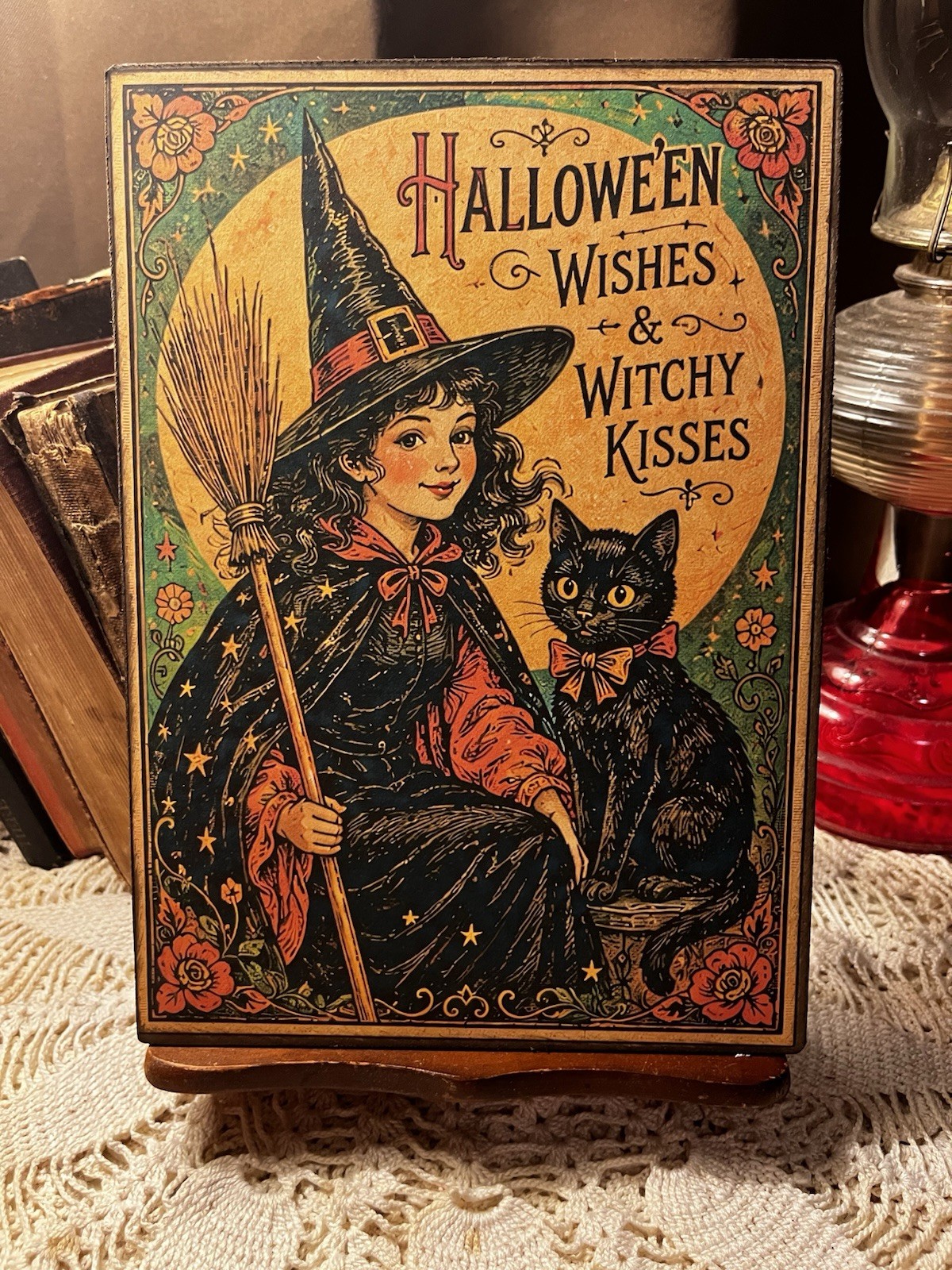 Halloween Wishes, Witchy Kisses, Witch, Retro Handcrafted Plaque
