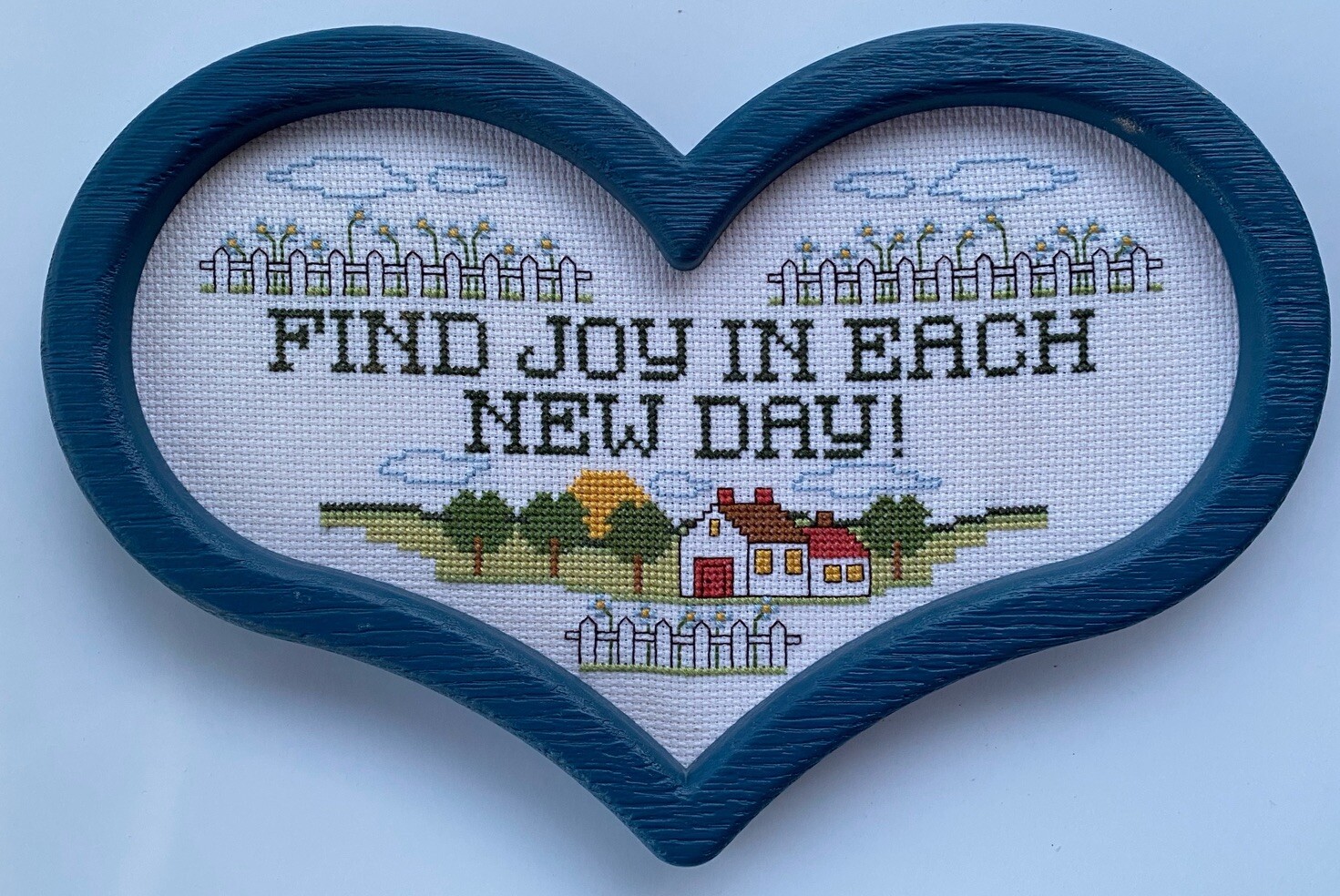 FIND JOY IN EACH NEW DAY Cross Stitch Handmade Heart Frame Country Cottage Core
