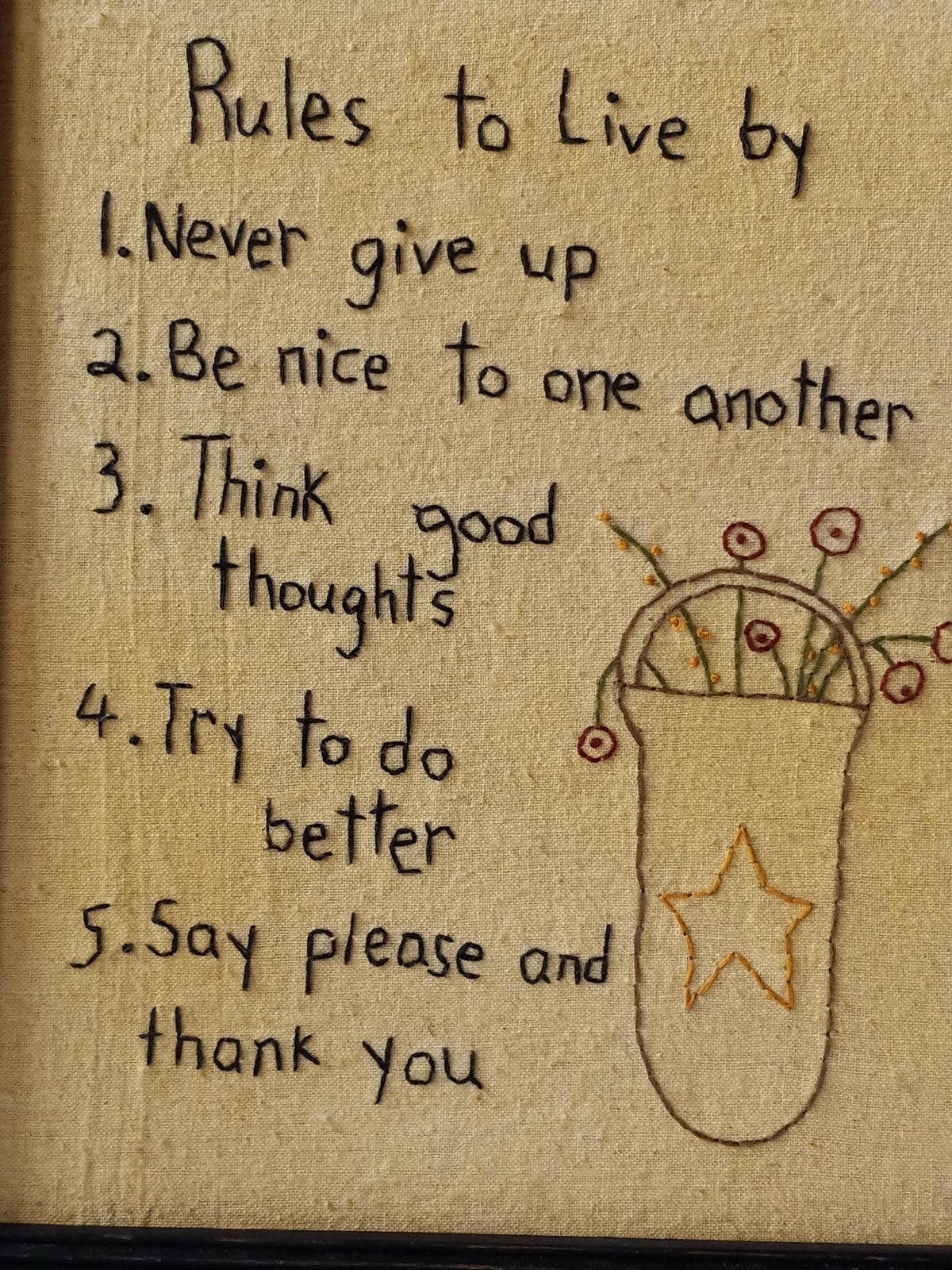 Framed Embroidered Stitcheries Sign – Rules To Live By Wall Hanging Decor. #R
