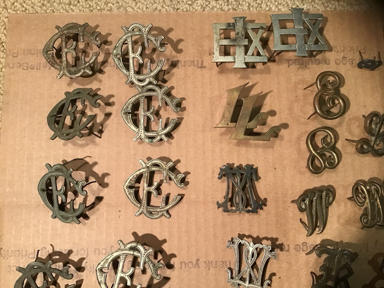 WOW!! Lot Vintage Antique Embossed Letters ORNATE METAL Wood Nail In RARE