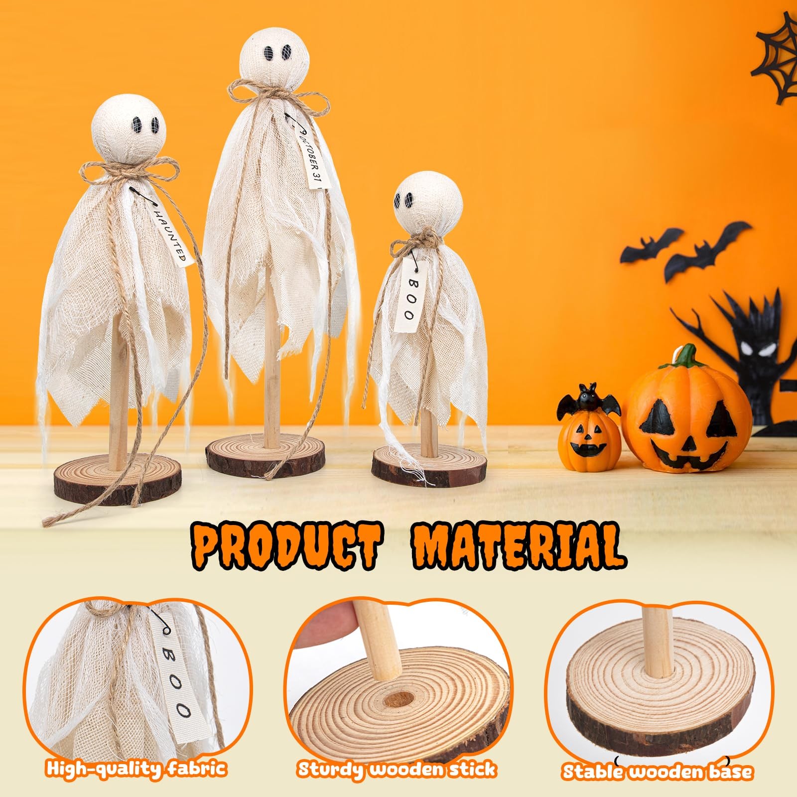 Wooden Ghost Halloween Decorations Indoor– Set of 3 Sizes Rustic Shelf White