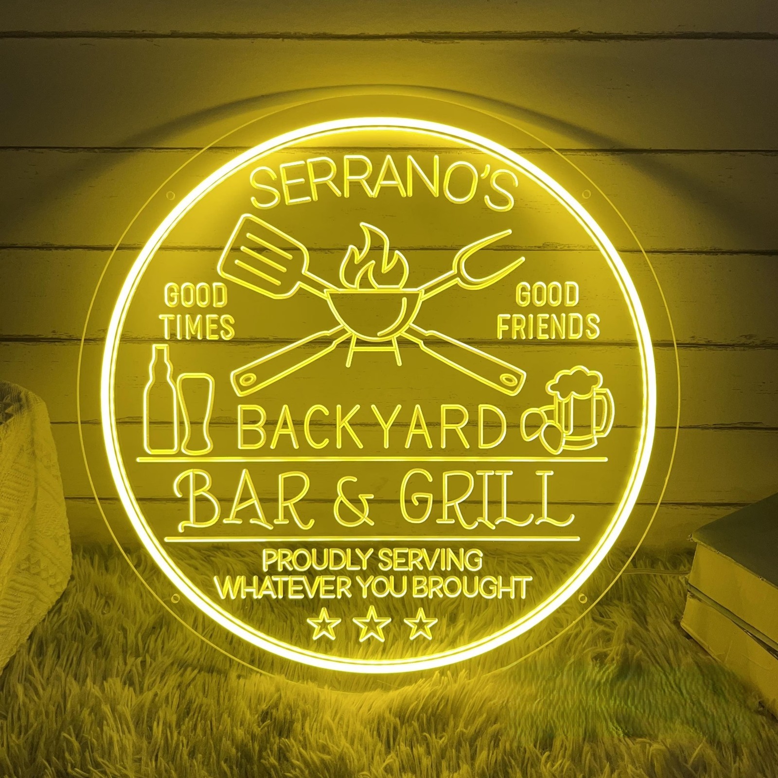 Personalized 3D Engraved Bar & Grill LED Neon Sign Custom Vintage Backyard Decor