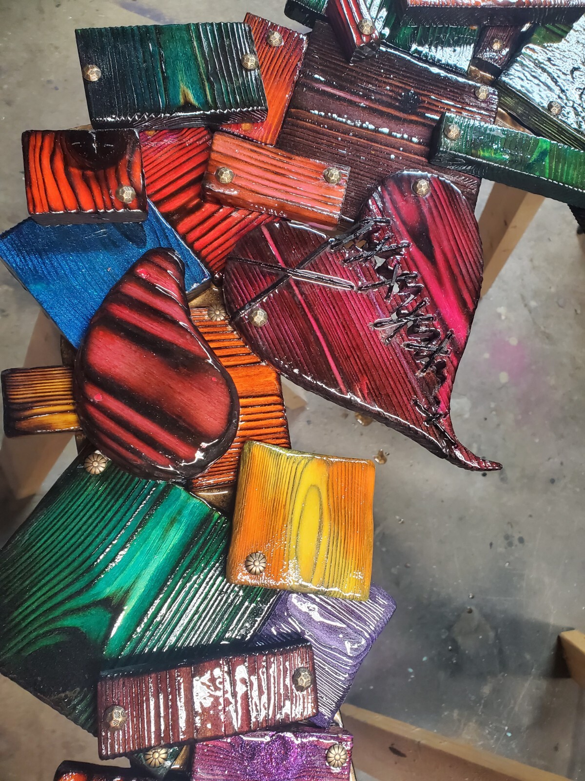 One-of-a-kind, handmade, colorful wooden wall art with mirror.
