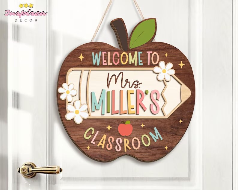 Personalized Apple Teacher Name Door Sign, Welcome Classroom Decor