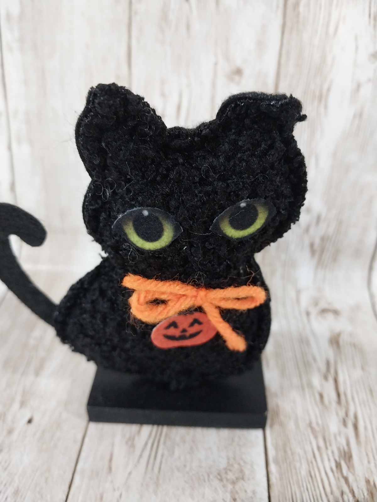 ~New! Plush Black Cat Halloween Wood Base Sign Fall Tray Table Decor Green Eyes