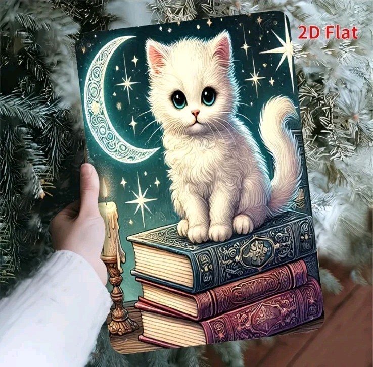 Cat Reading Wooden Plaque White Kitten Moon Stars Rustic Wall Decor Sign Gift