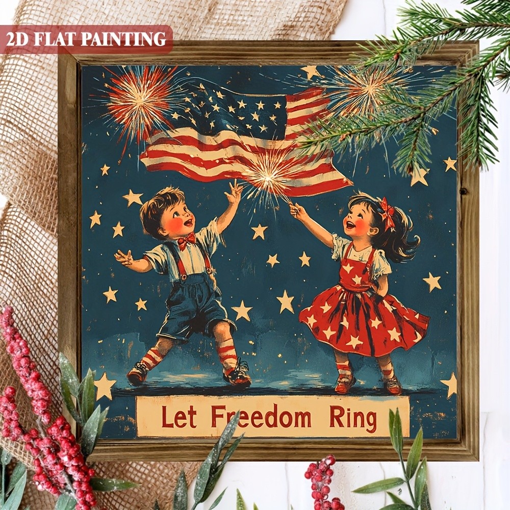 4th of July Wooden Plaque Let Freedom Ring Retro Patriotic Kids Wall Art Decor