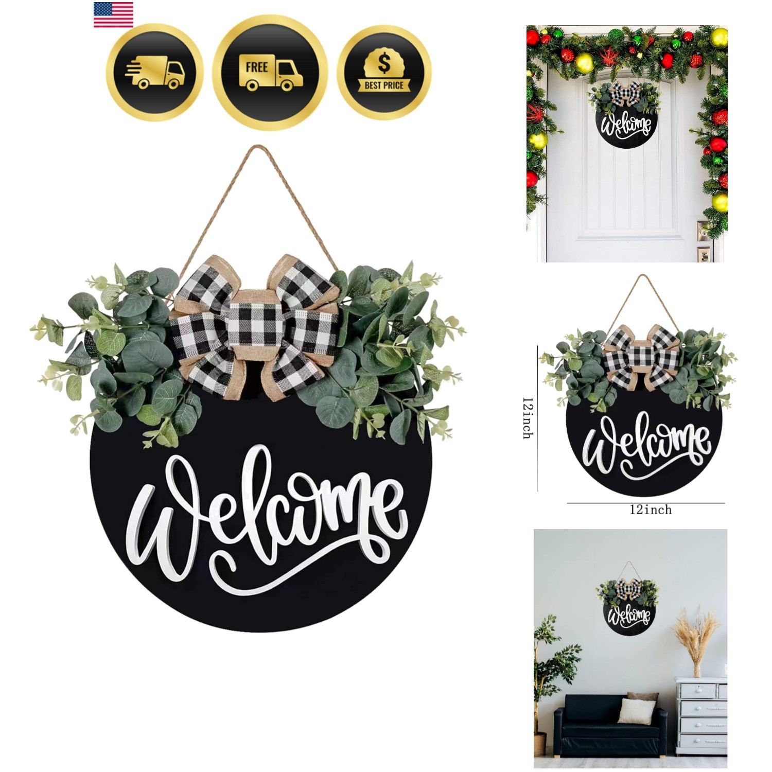 Welcome Sign for Front Door Porch Decor Farmhouse Wreath Wall Decor Φ30cm Rou…