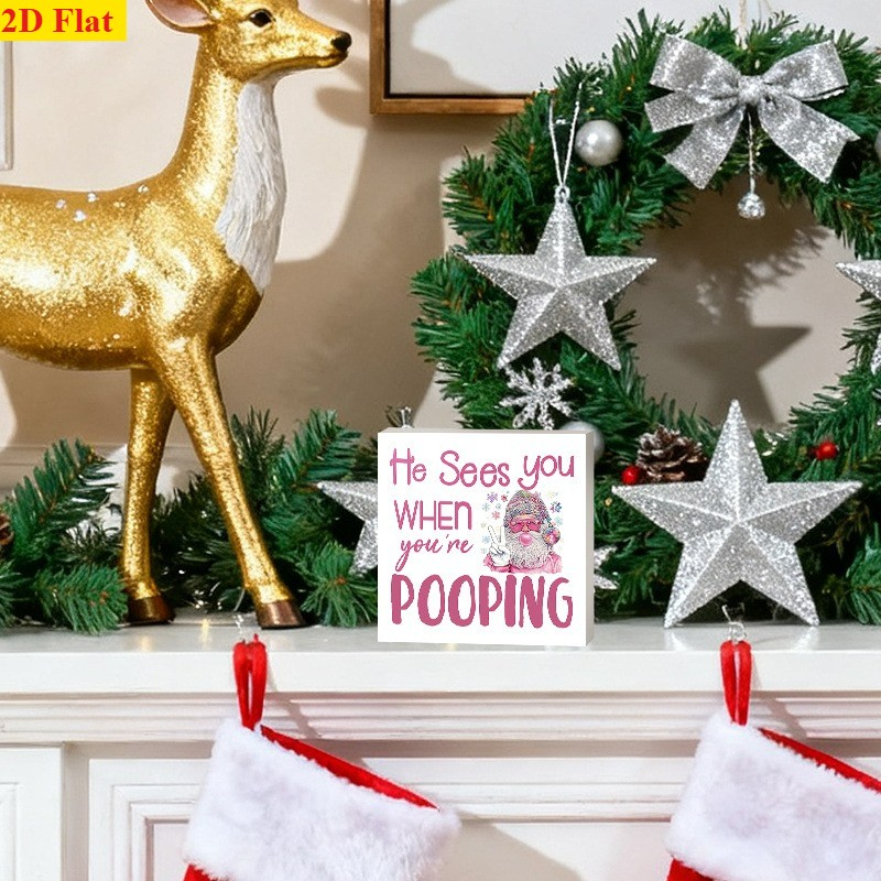 Wooden Box Sign Pink Cool Santa He Sees You When Youre Pooping Rustic Decor Gift