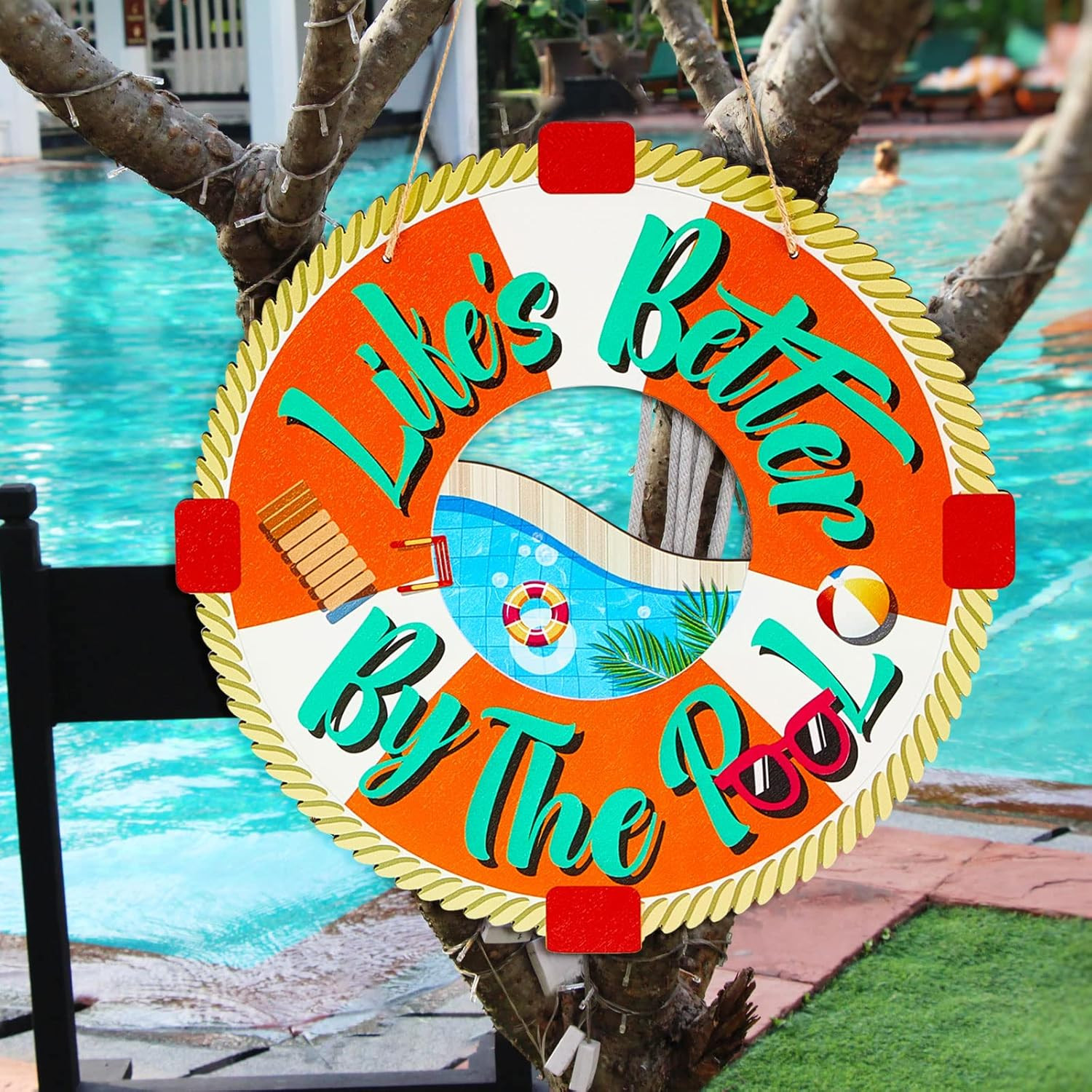 Life is Better by The Pool Sign Summer Wooden Lifesaver Rings Outdoor Pool Decor