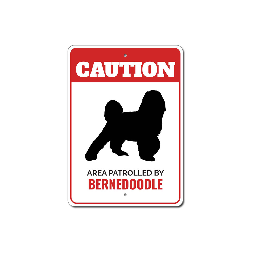 Patrolled By Bernedoodle Caution Metal Sign Kennel Breed Canine K9 Paw Animal