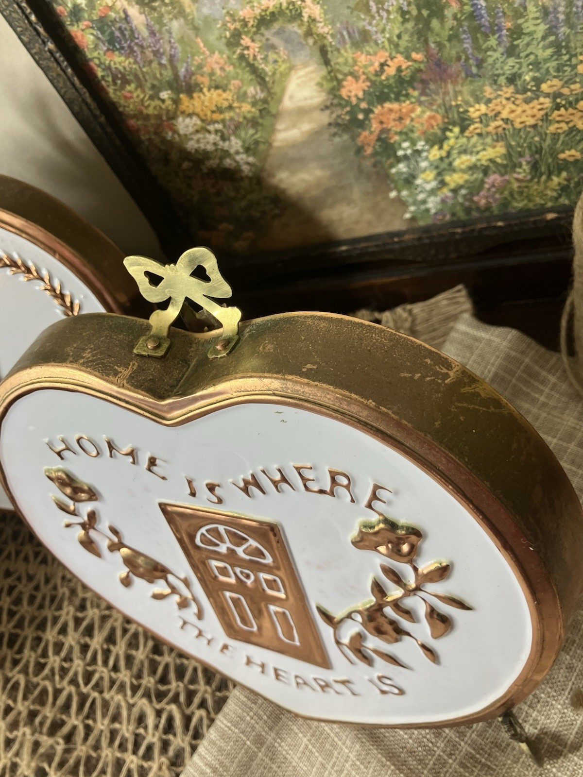 Vintage Heart Wall Hangings Plaques – Copper & White – Cottage Kitchen Decor
