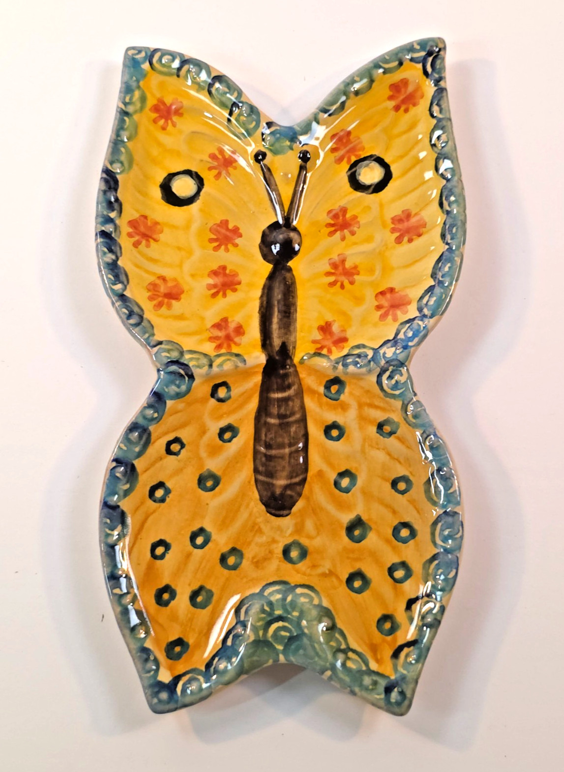 MCM Italian Ceramic Butterfly Wall Art Hand Painted Yellow Blue 9″ Decor