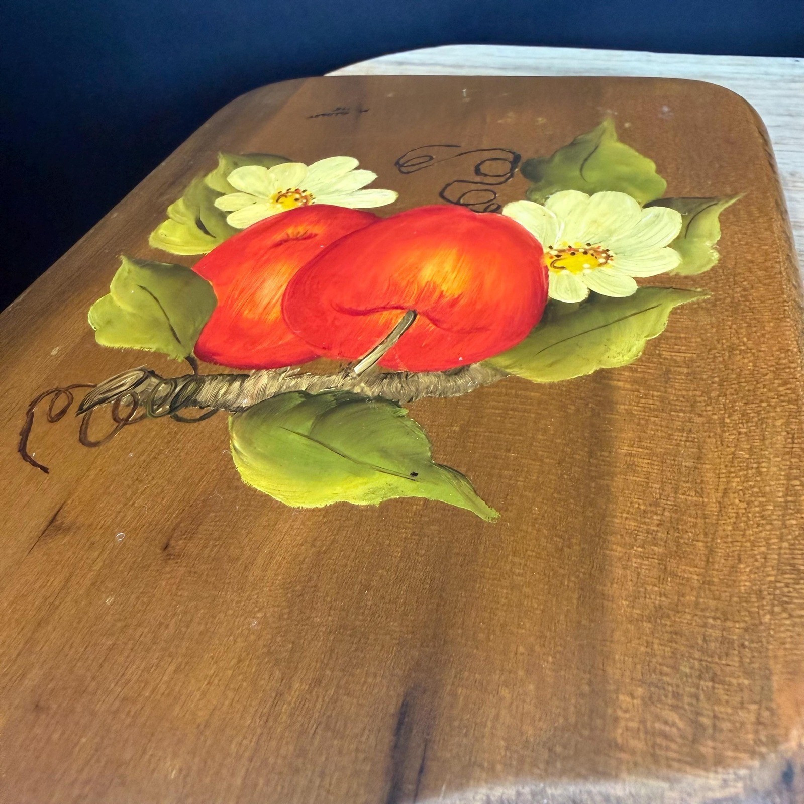 Hand Painted Apple Cutting Board Wall Decor Signed 1975 Wooden Vintage Farmhouse