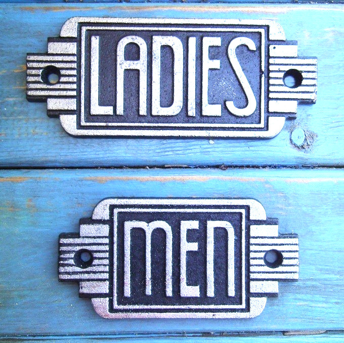 Art Deco Ladies & Men Toilet Cast Iron Sign Plaque Door Wall Cafe Shop Pub Bar