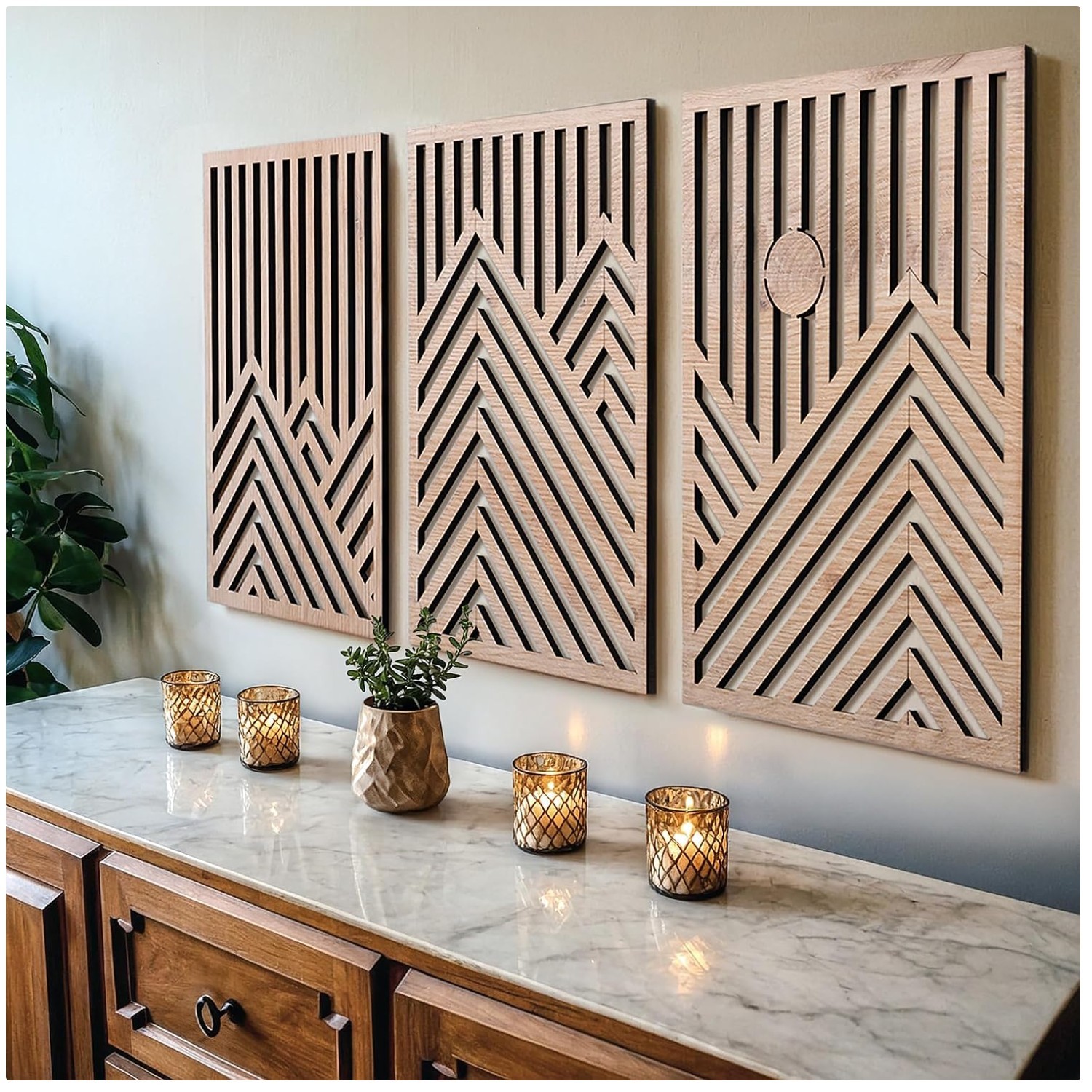 Elegant Oak Wall Sculptures – Set of 3 – Modern Home Accent