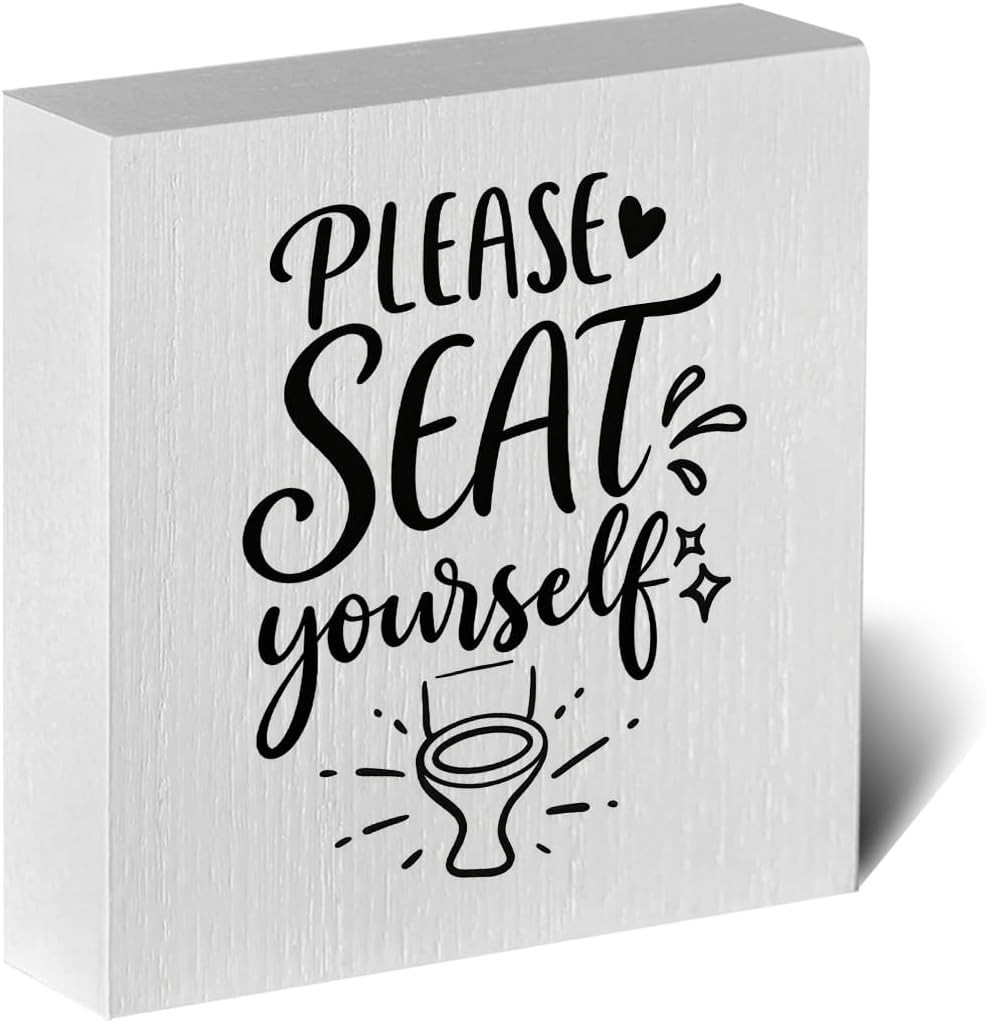 Funny Rustic Bathroom Decor Wooden Box Sign 5X5 Inch – “PLEASE SEAT Yourself”