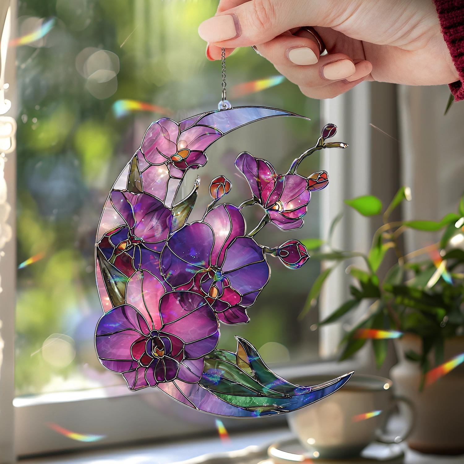 Crescent Moon Orchid Acrylic Suncatcher