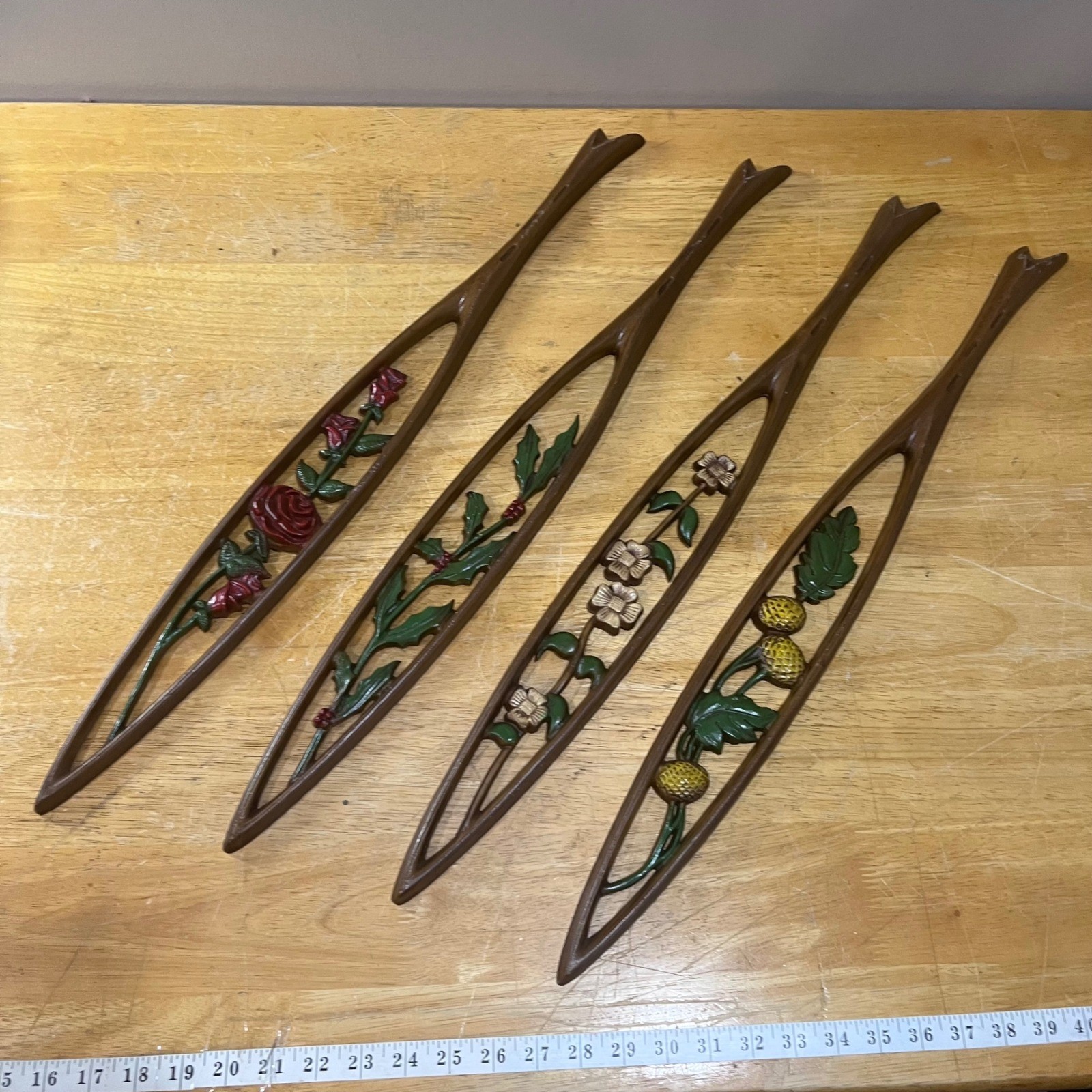 Vtg Sexton USA Four Seasons Floral Metal Wall Art Set MCM Rose Holly 27 Inch