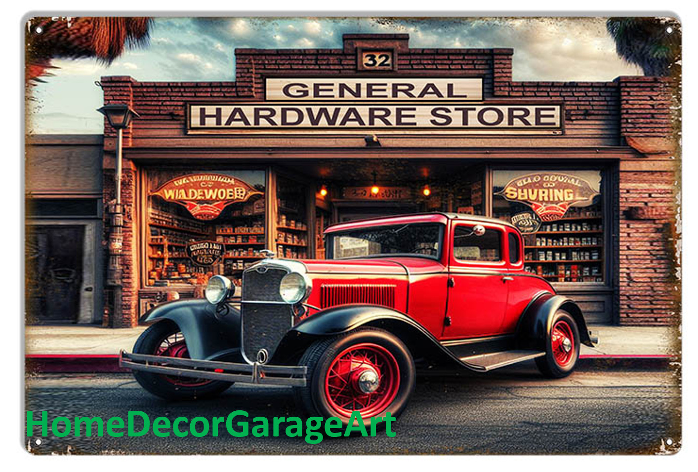 Custom Classic Hot Rod at Hardware Store Metal Sign 18 x 12, Garage Art