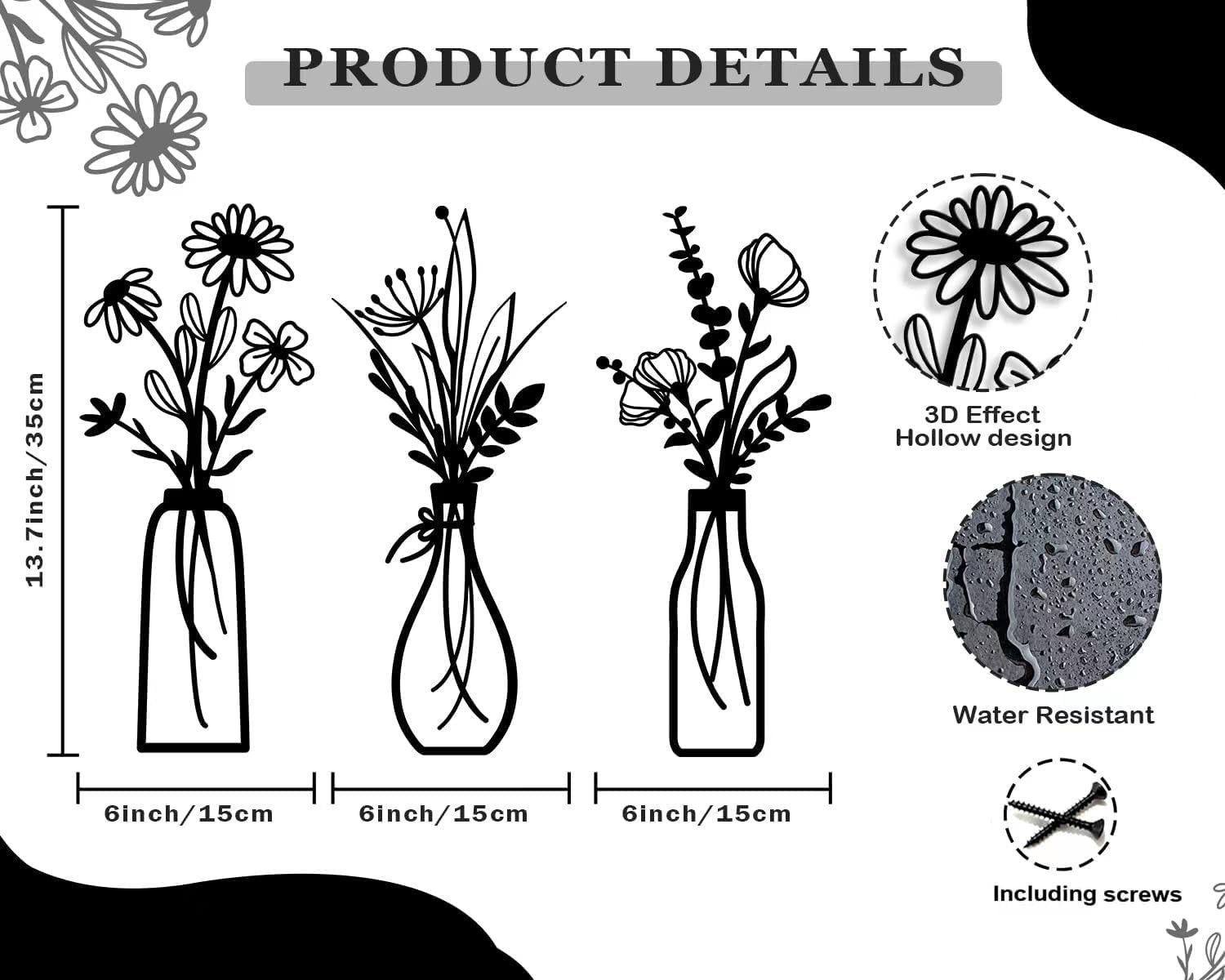 3 Pieces Metal Flowers Wall Arts – Rustic Farmhouse Decor Black (Black, Vase-C)