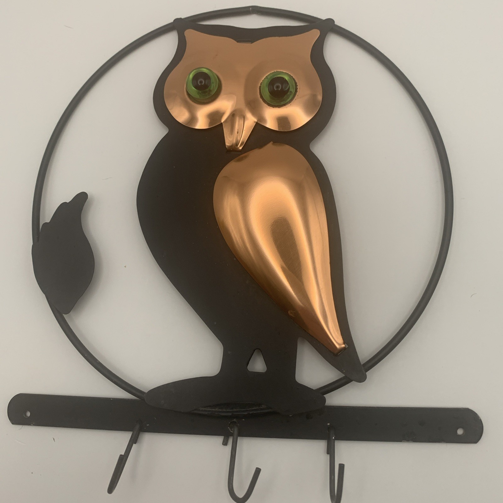Vintage Coppercraft Guild OWL Plaque Copper & Black Metal Green Eyes S Hooks