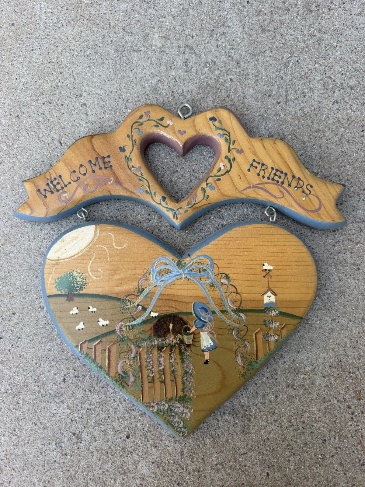 Vtg 90s Hand Paint Wood Welcome Heart Cottagecore Wall Hang Farmhouse Granny