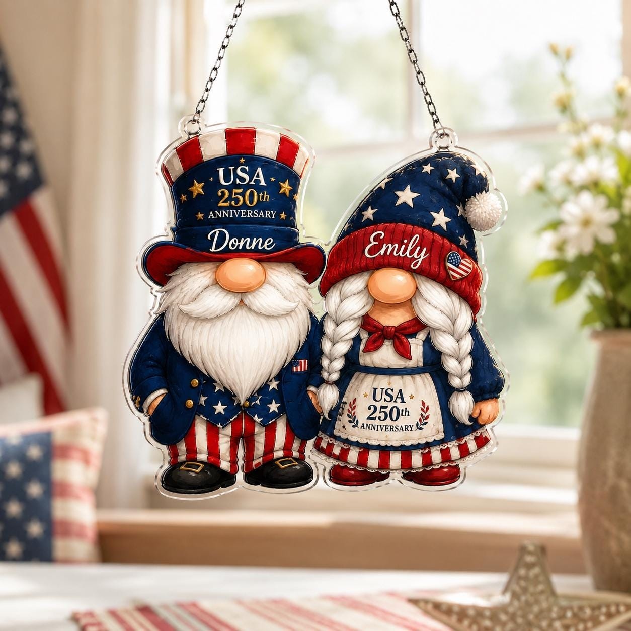 Personalized Patriotic Gnomes Suncatcher,Custom USA 250th Anniversary Acrylic