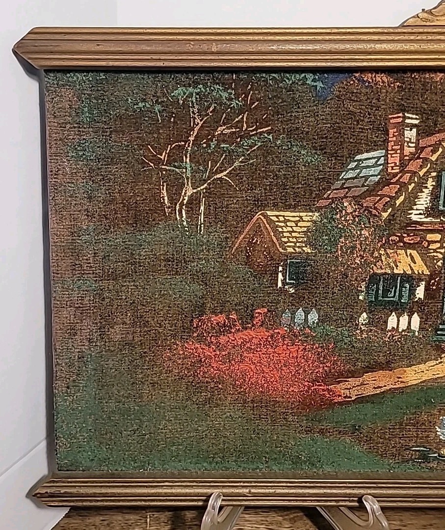 1930s Art Deco Wood Framed God Bless Our Home Velvet Wall Hanging Decor