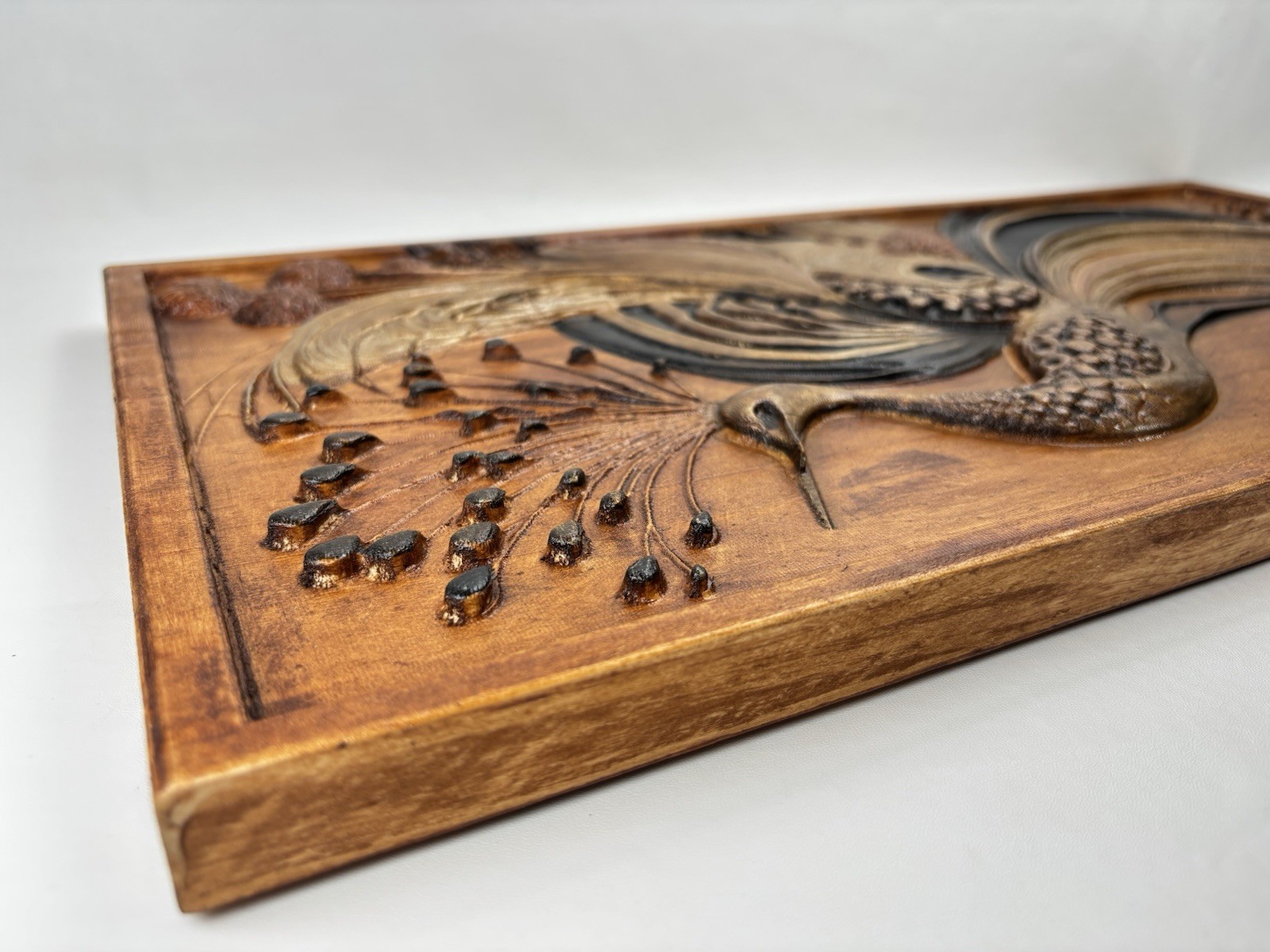 Peacock 3D Wood Carved Carving Wall Hanging Art Vintage Style in Gold and Black