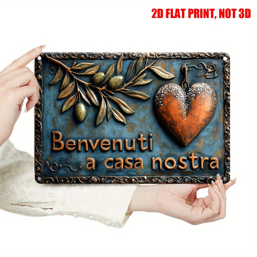 Vintage Italian Benvenuti a Casa Nostra Metal Sign Olive Branch Heart Home Decor