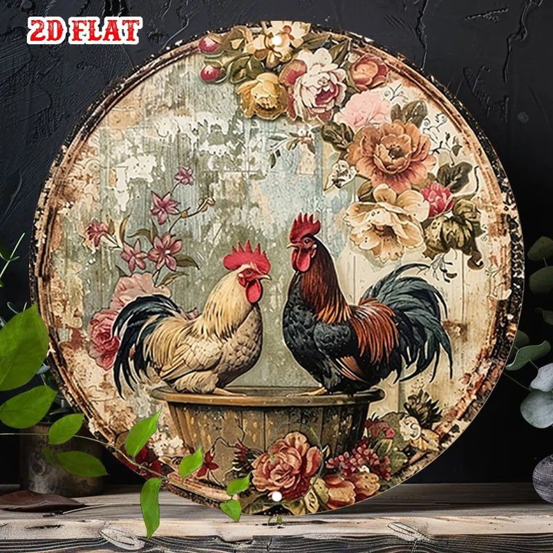 Vintage Floral Rooster Metal Sign Farmhouse Rustic Wall Decor For Kitchen Home
