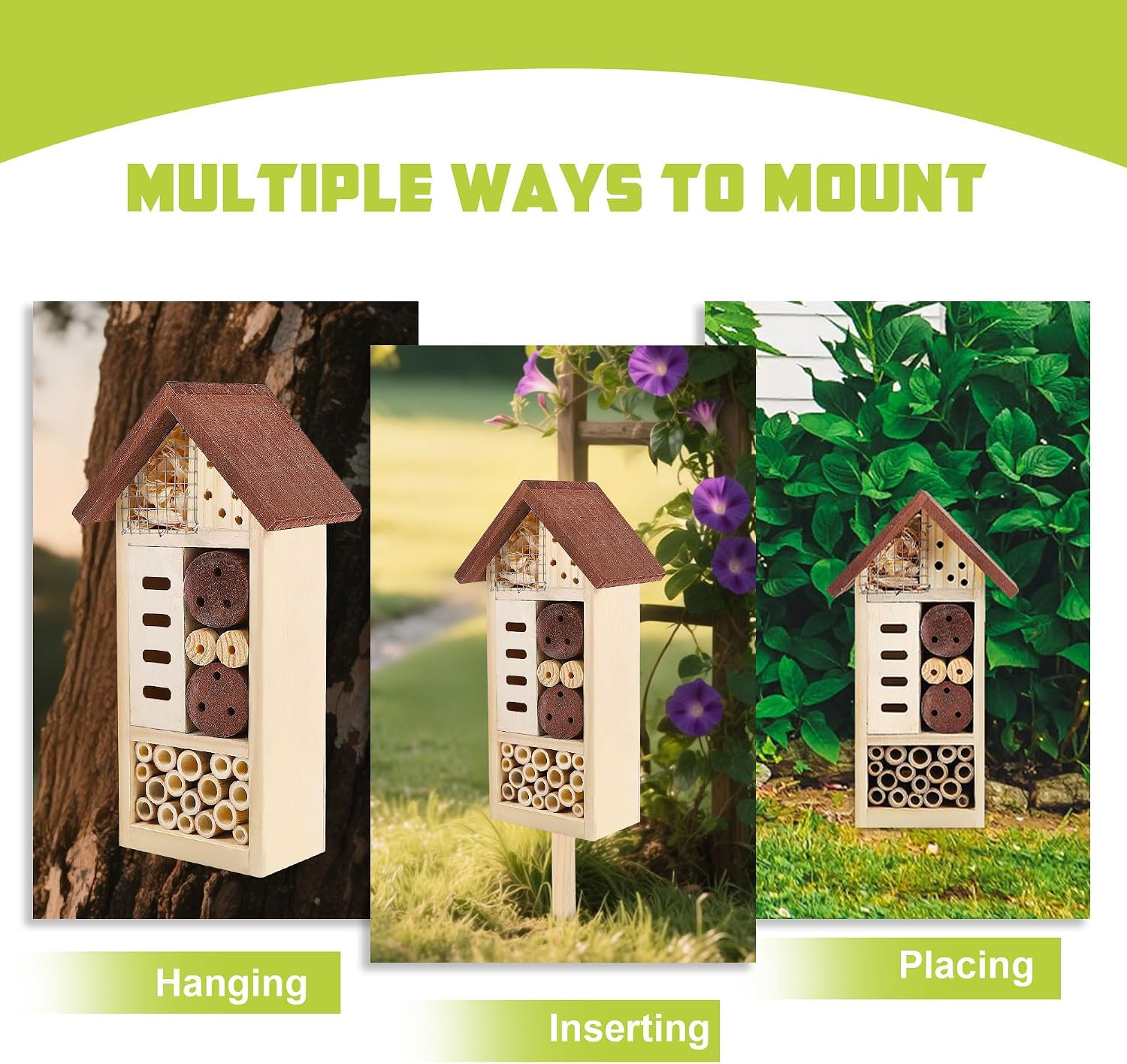 Wooden Insect House with Stake, 19.7 X 3.4 X 5.4 Inch | Hanging & Inserting Two