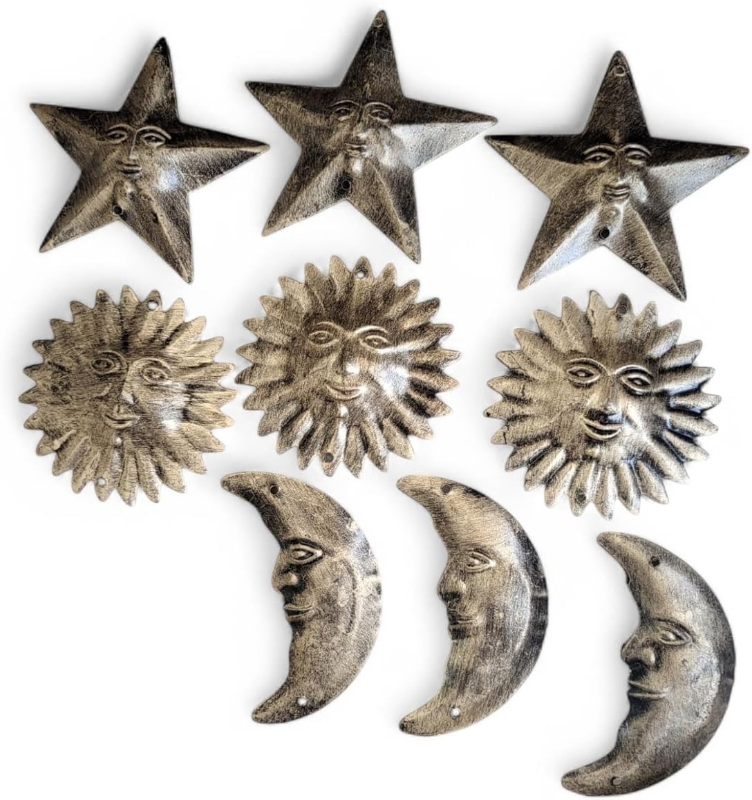 Rustic Sun Moon Star Metal Wall Art | 9 Piece Antique Gold Set | Vintage Cele…