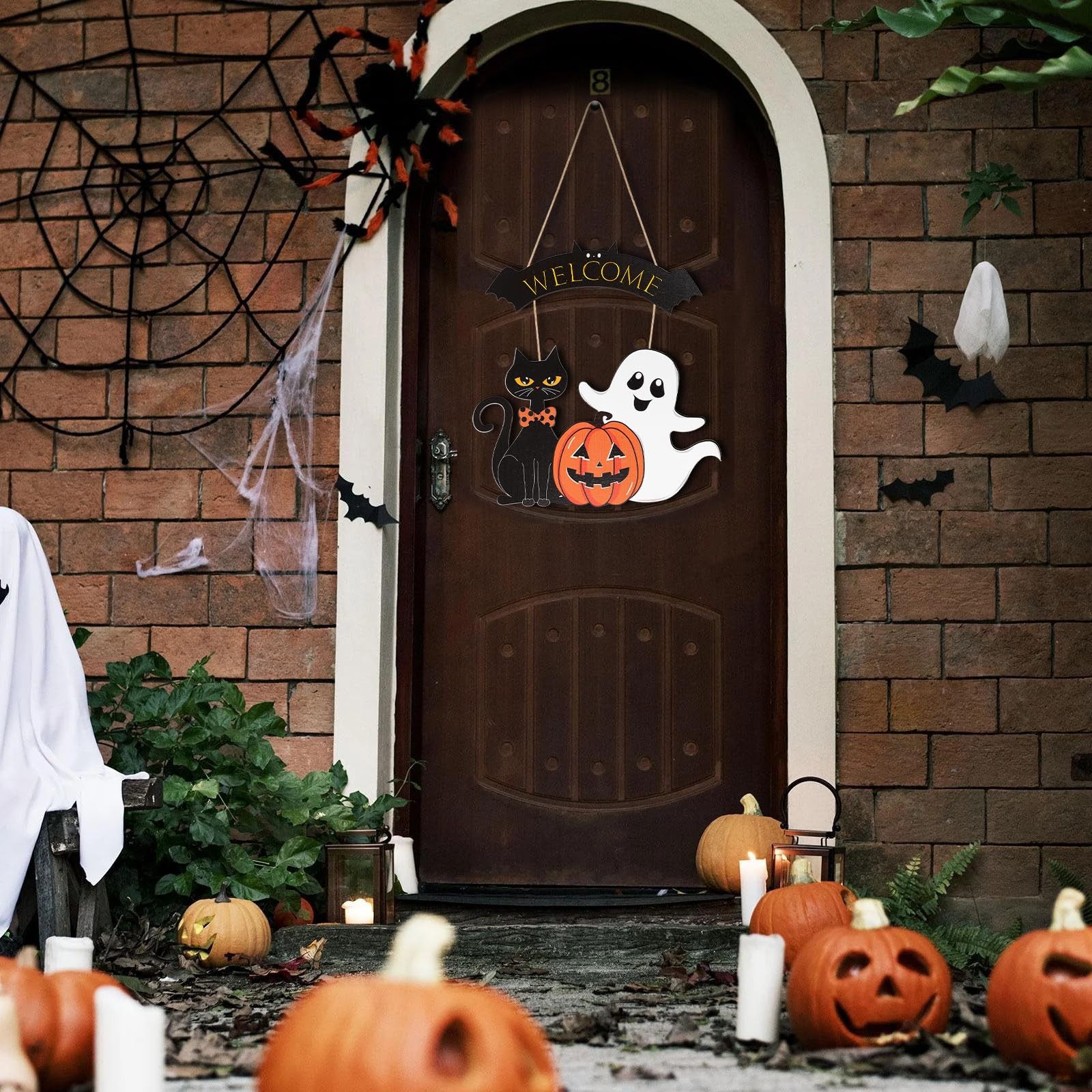 Halloween Decoration Ghost Black Cat Pumpkin Welcome Wooden Door Wall Sign Gift