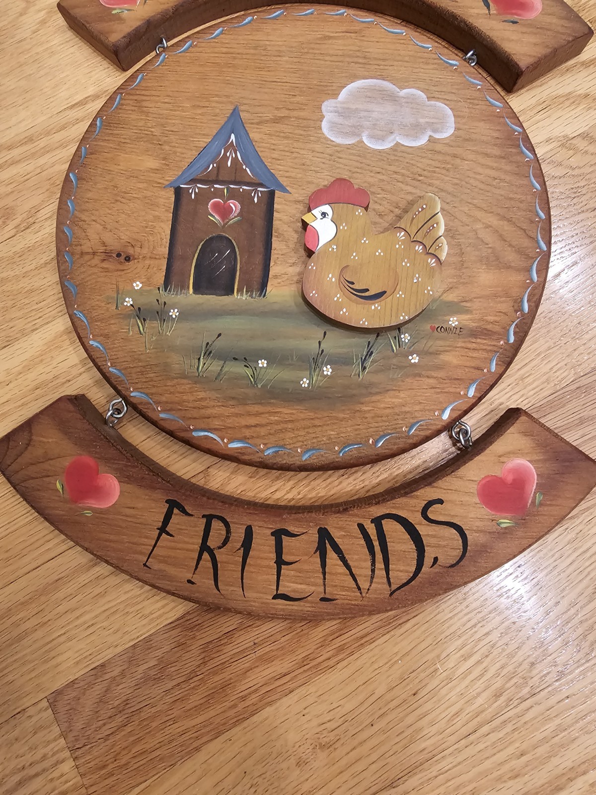 Vintage Welcome Friends Decorative Wooden Wall Sign Handmade Hen Hearts 15.5″