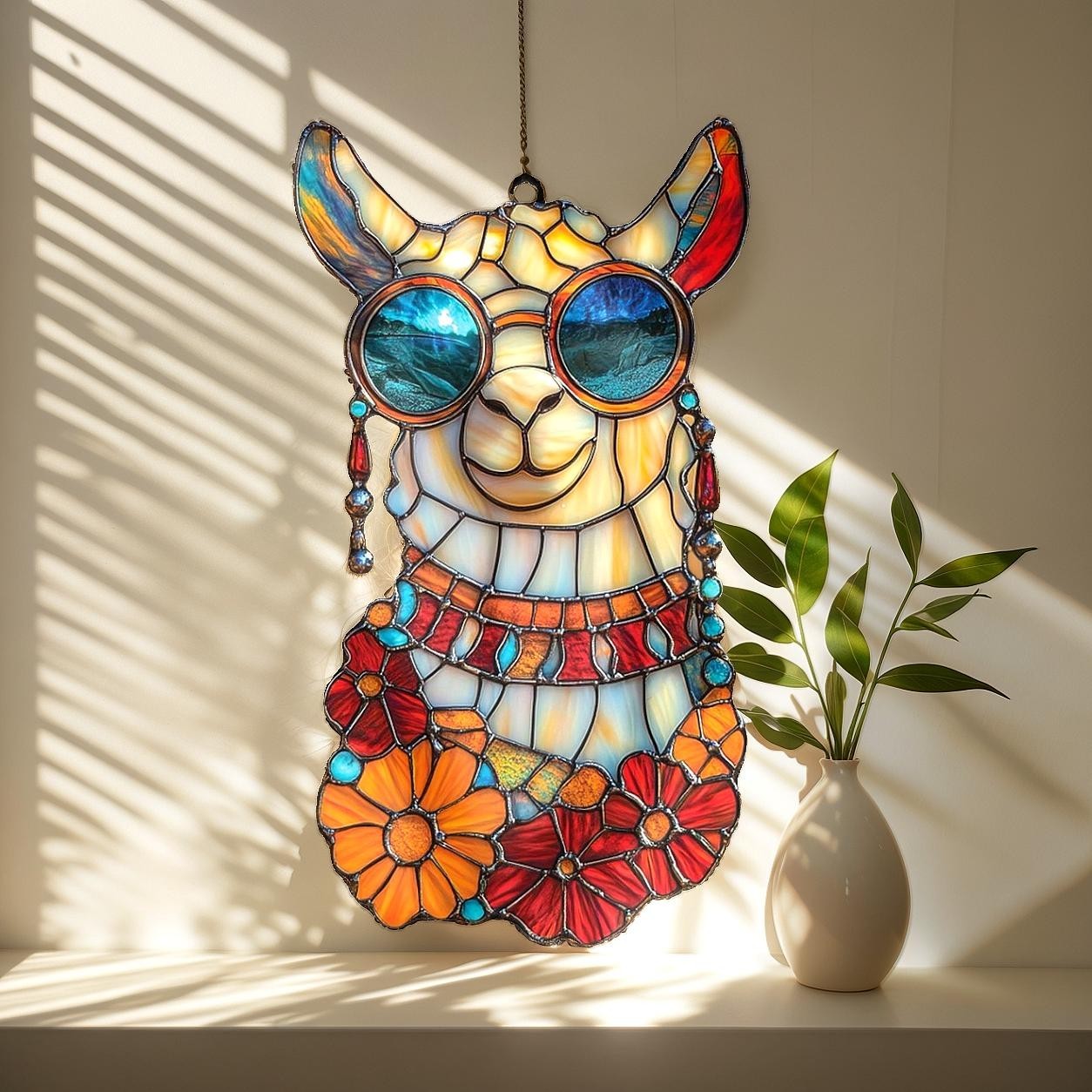 Sunglasses Llama Acrylic Suncatcher Ornament – Boho Faux Stained Glass Acrylic