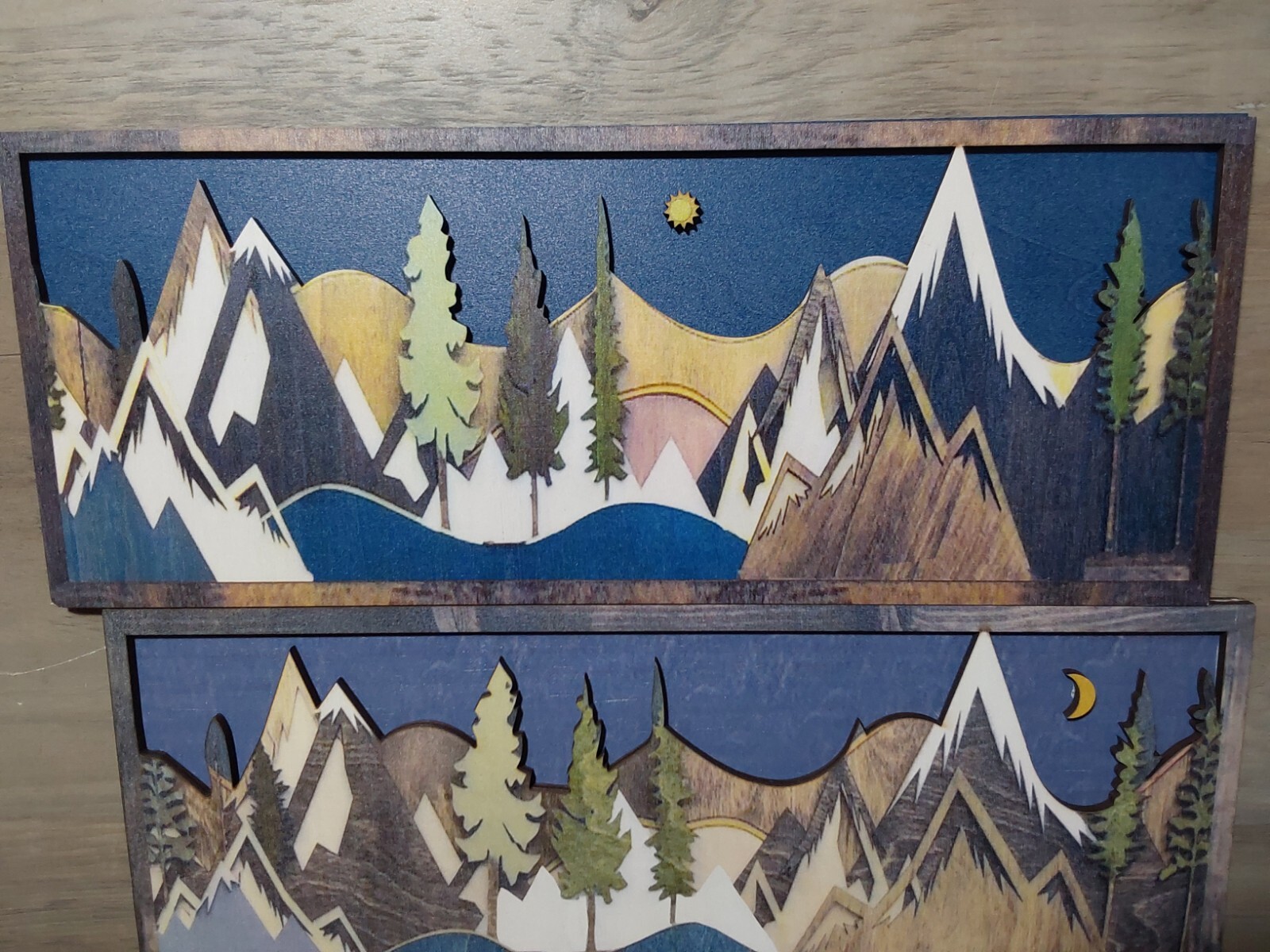 Rustic 3D Wooden Wall Art Multicolor Mountain Scenes Night Day 15.75×6.25 Cabin