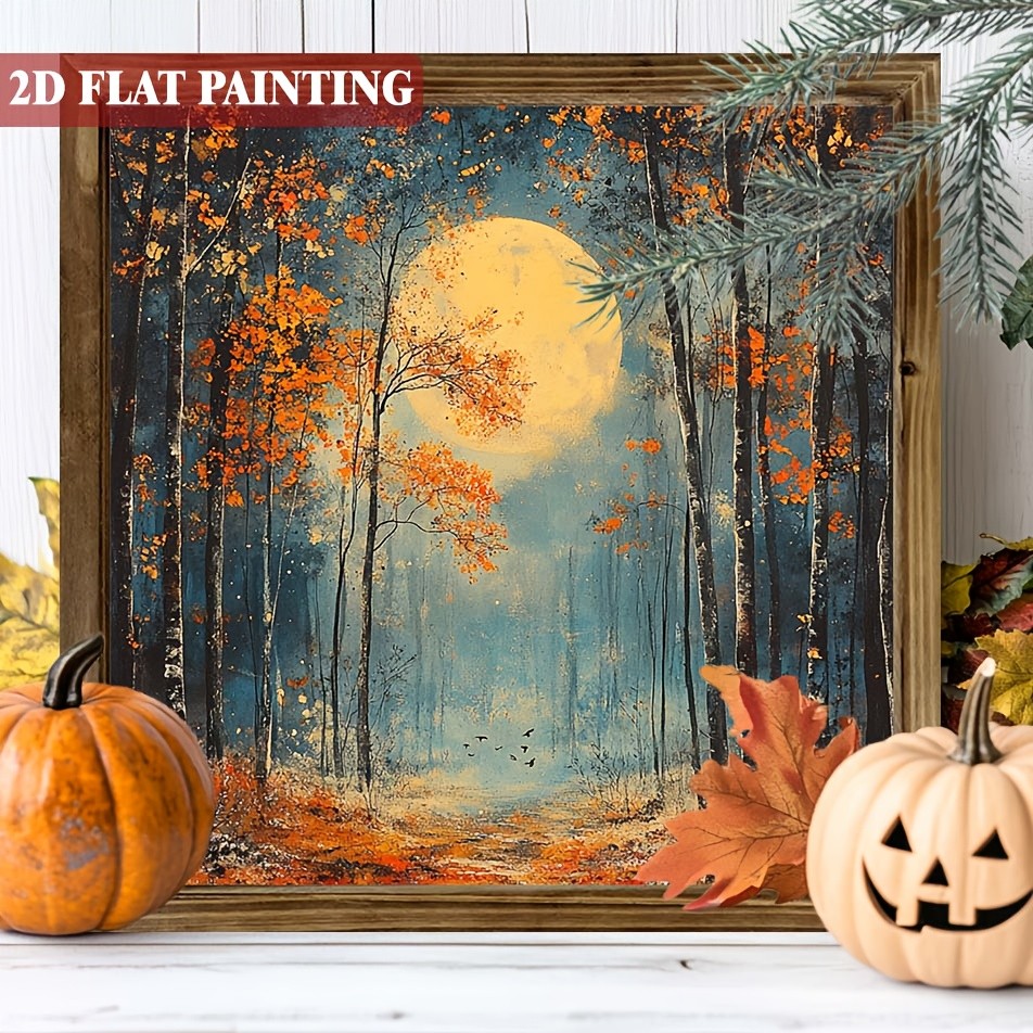 Wooden Frame Print Full Moon Autumn Forest Night Oil Painting Wall Decor