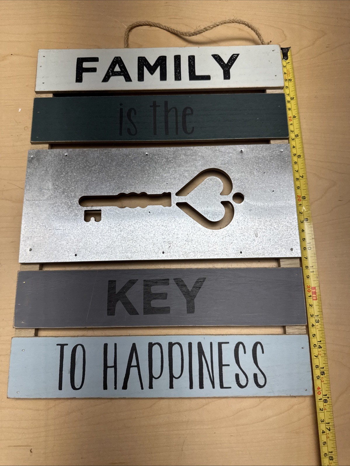 Wood Hanging Wall Sign “Family Is the Key to Happiness” 15×11 Blue/White